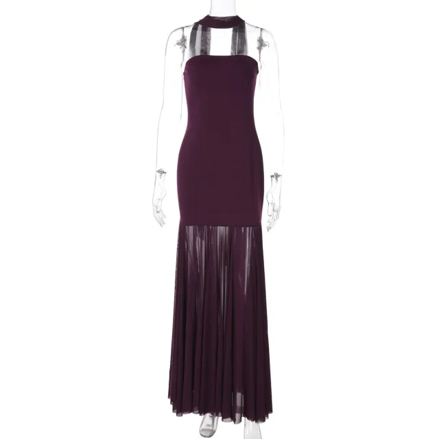 Mesh Spliced Strapless Evening Dress Long Gown Wine - Shop at LoveMi