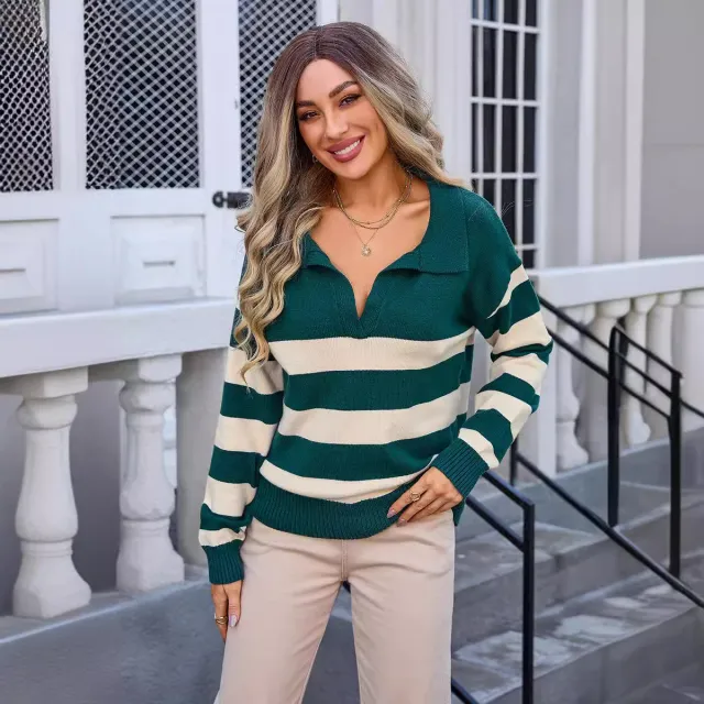 Women's Sweater Striped Stitching PLOL Collar Dark Green - Shop at LoveMi