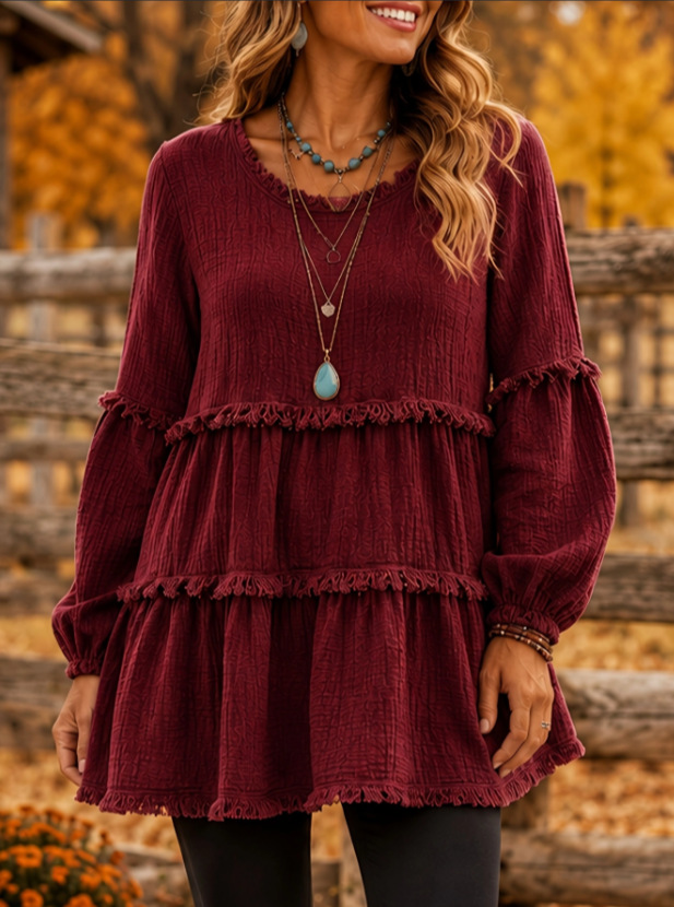 Womens Casual Top With Long Sleeves And Panel Design