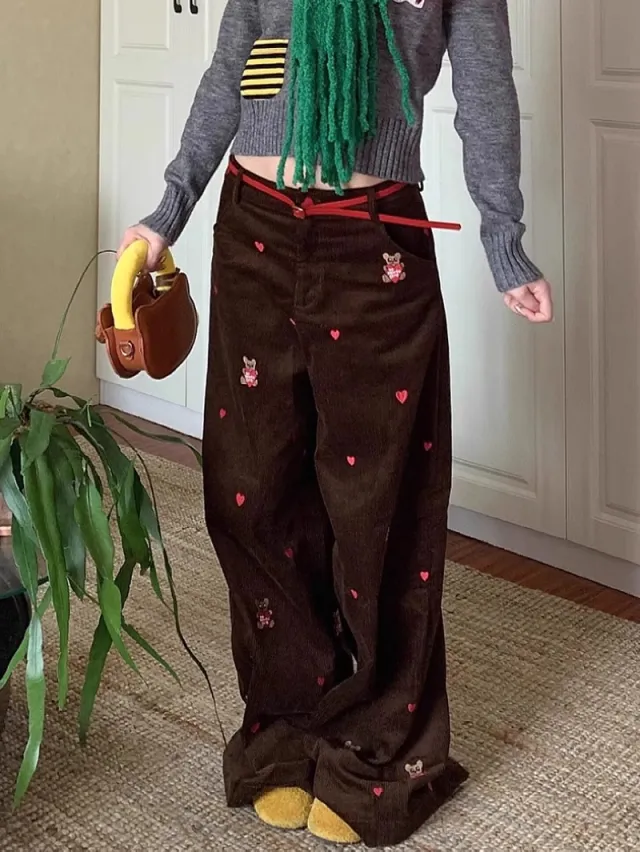 Retro High Street Corduroy Pants With Embroidered Bear Design Red - Shop at LoveMi
