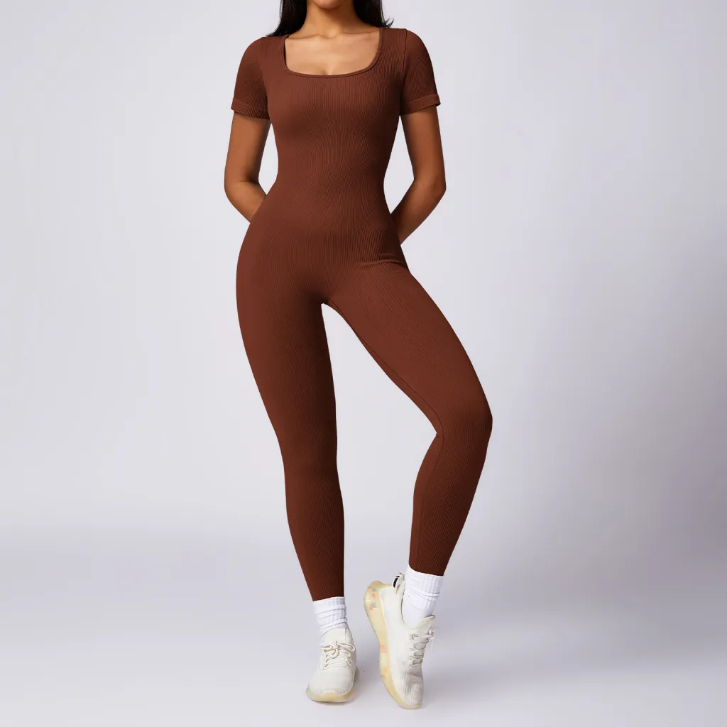 Women's Tight Seamless Back One-piece High-strength Thread Short-sleeved Fitness Sports Jumpsuit - Brown