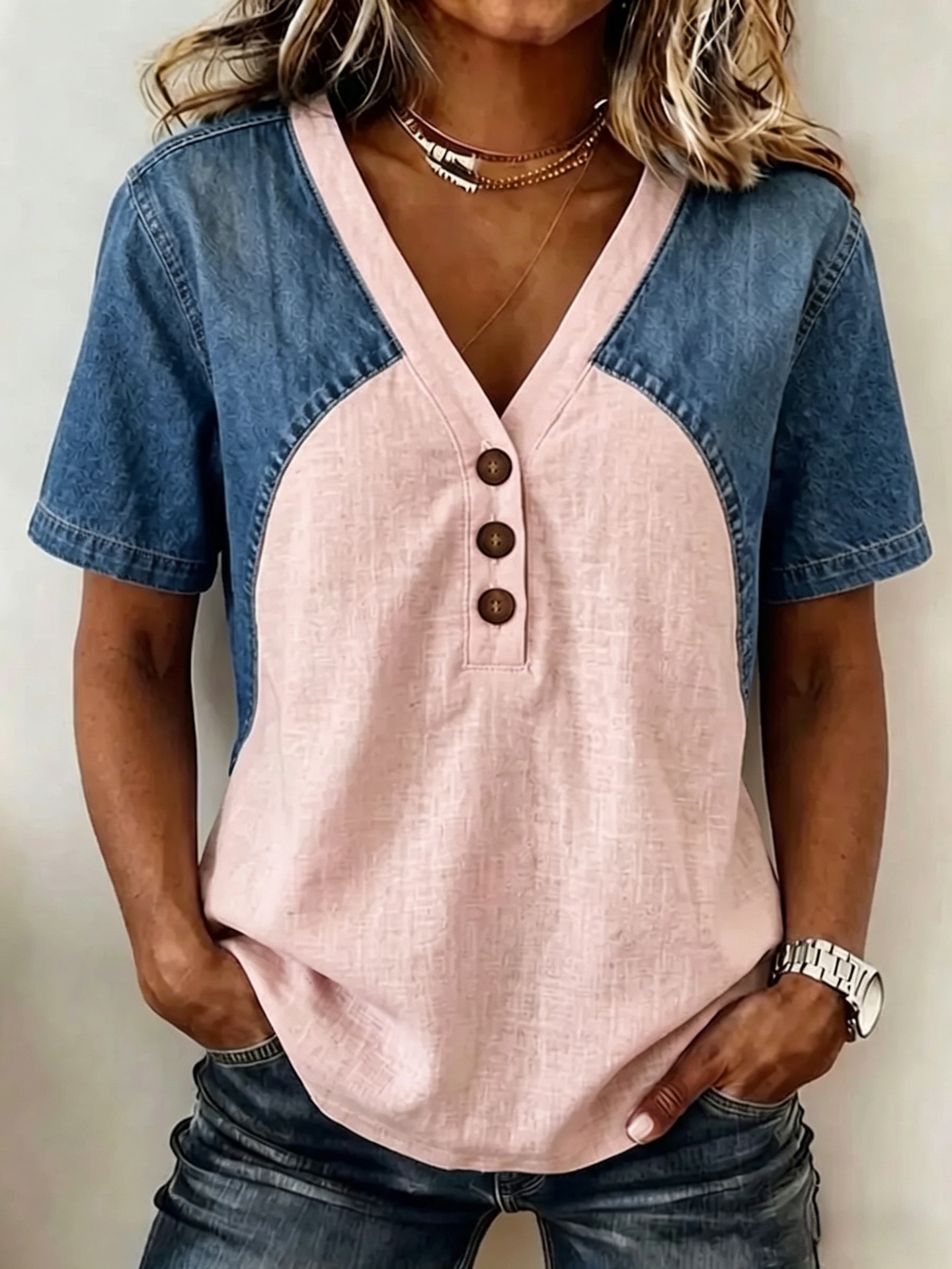 Women's Denim Patchwork Color-Block T-Shirt – Yellow colorway flat lay all colors