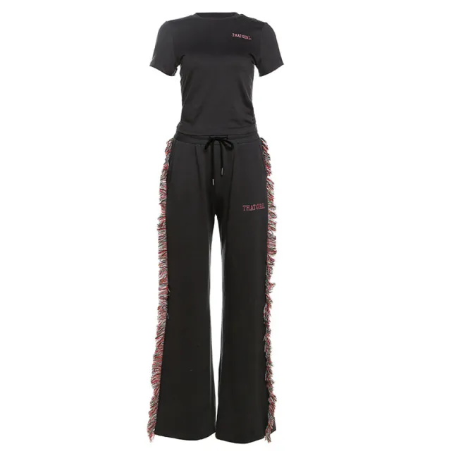 Round Neck Embroidered Short Sleeve T shirt High Waist Multicolored Tassel Casual Pants Red - Shop at LoveMi