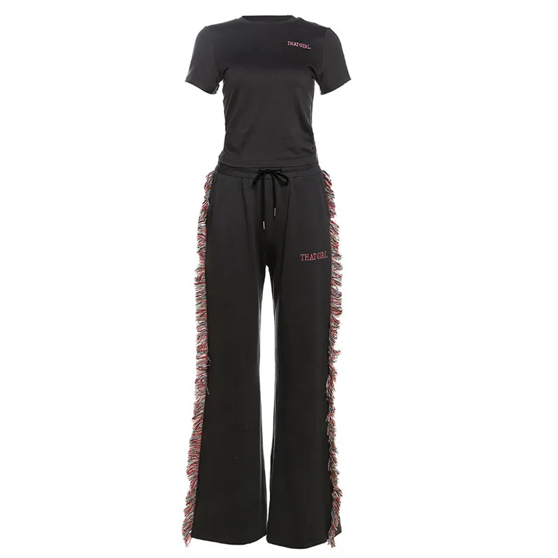 Round Neck Embroidered Short Sleeve T-shirt High Waist Multicolored Tassel Casual Pants - Red