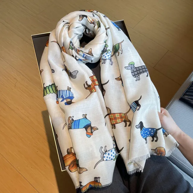 Women's Artistic Travel Shawl Dog Pattern Warm Long Scarf White - Shop at LoveMi