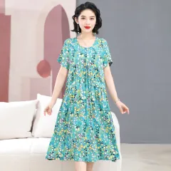Middle-aged And Elderly Women's Cotton Silk Printing Maxi Dress - No 41 - View 1