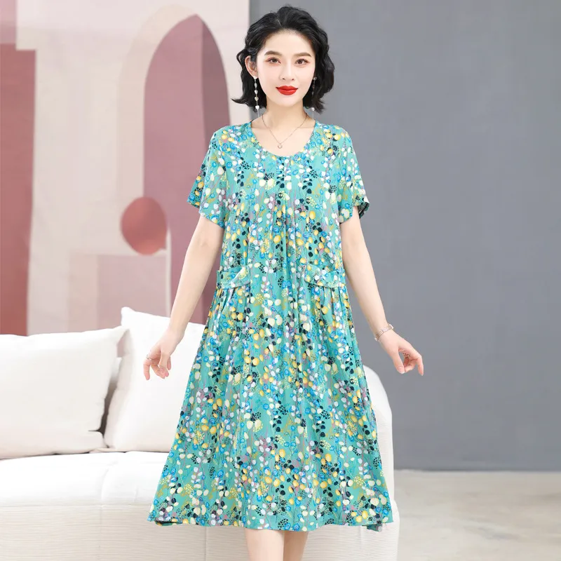 Middle-aged And Elderly Women's Cotton Silk Printing Maxi Dress - No 41
