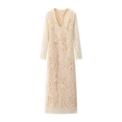 European And American Style Sexy Female Deep V Long Sleeve Mesh Lace Hollow Dress - Yellow - View 1