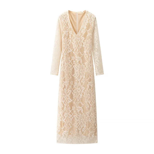 European And American Style Sexy Female Deep V Long Sleeve Mesh Lace Hollow Dress Yellow - Shop at LoveMi