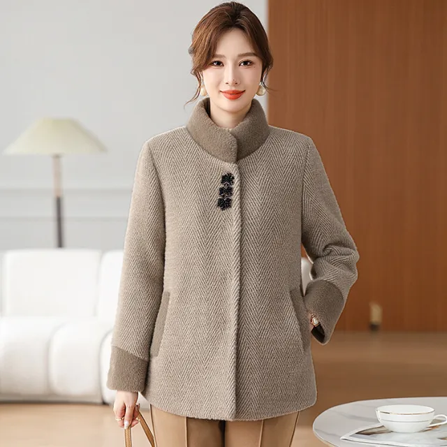 Mom Clothes Fleece Padded Coat Middle aged And Elderly Women's Cotton padded Jacket 313Khaki - Shop at LoveMi