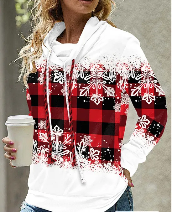 New Women's Pile Collar Hooded Printed Top Snowflake Red Plaid - Shop at LoveMi