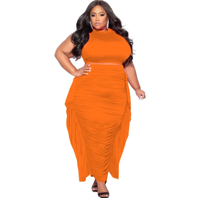 Women's Sexy Bodycon Tassel Sleeveless Plus Size Two Piece Set Orange - Shop at LoveMi