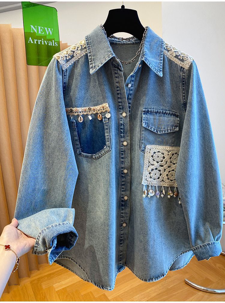Loose-fit Lace Epaulette Patchwork Shirt Jacket Top Loose-fit Lace Epaulette Patchwork Shirt Jacket Top