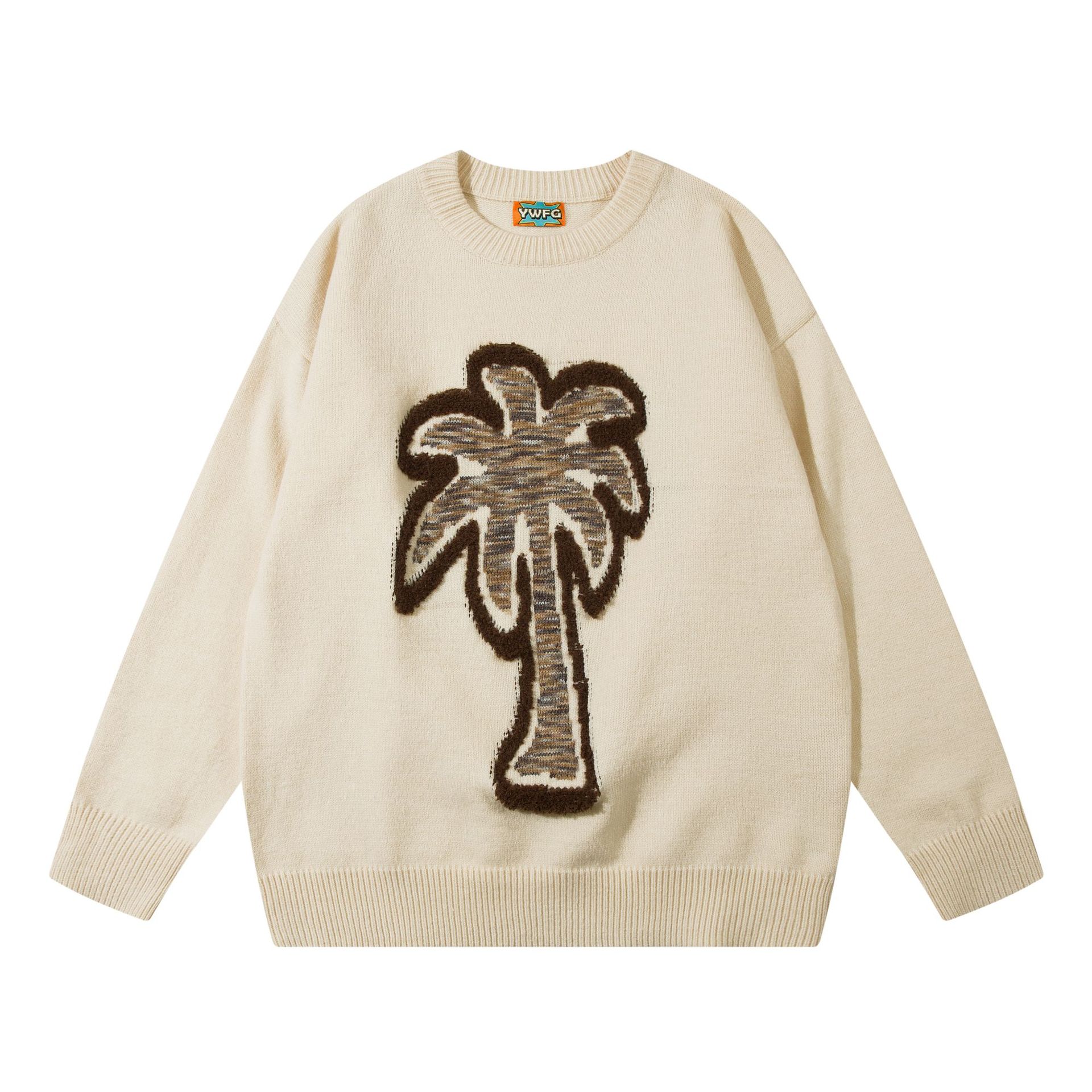 American Vintage Embroidery Round Neck Sweater Apricot - Shop at LoveMi