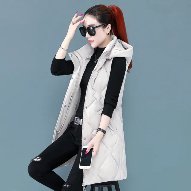 Autumn And Winter New Down Cotton Vest Women's Mid length Slim fit Cotton padded Jacket Vest Coat Beige - Shop at LoveMi