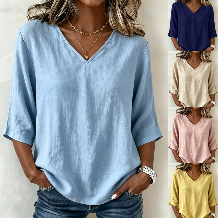 Womens Solid-color Casual Loose-fitting Fashionable V-neck Top