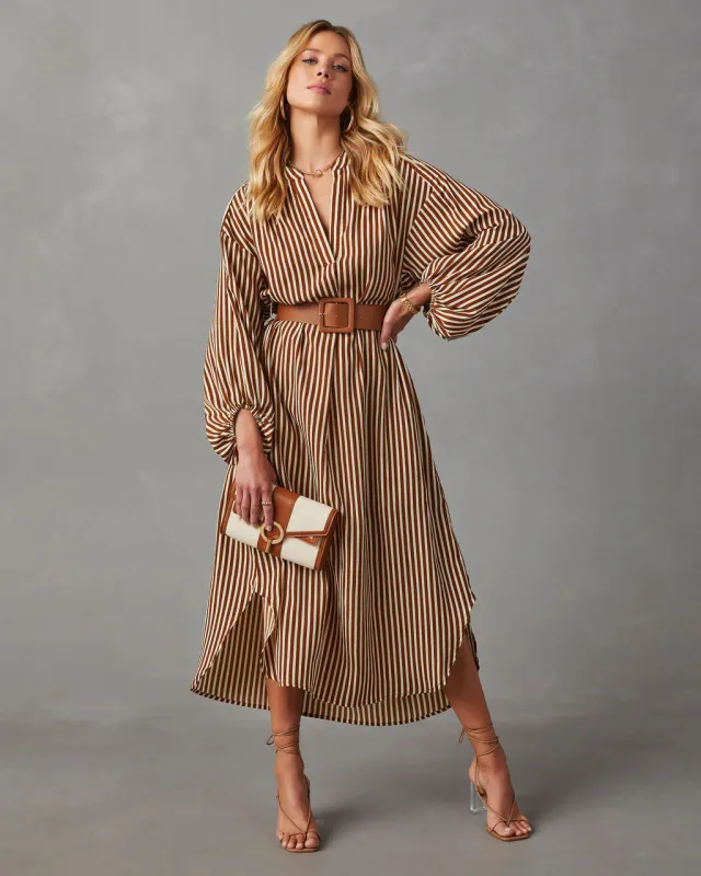 Women's Fashion Striped Elegant Long Sleeve Dress Khaki - Shop at LoveMi