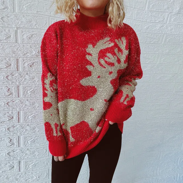 Women's Fashion Gold Thread Brushed Jacquard Large Snowflake Elk Christmas Sweater Deer - Shop at LoveMi