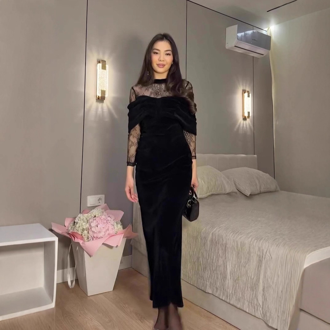 Elegant Long-Sleeved Lace And Velvet Patchwork Dress