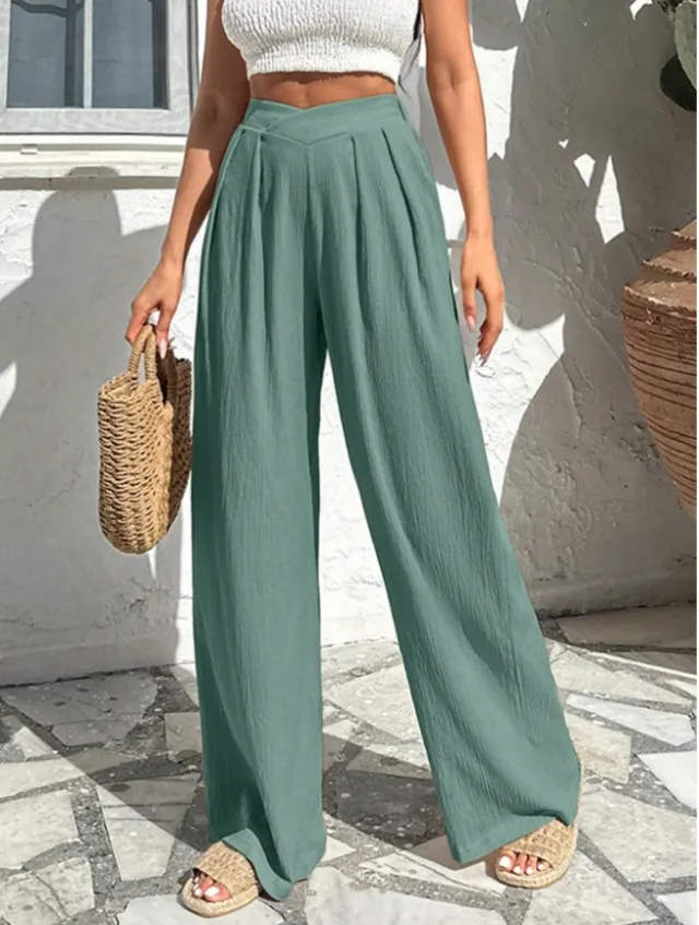 New Commute Style Summer Cross Pleated Casual High Waist Loose Trousers Mint Green - Shop at LoveMi