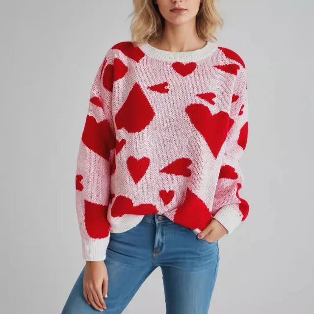 Round Neck Heart shaped Two color Jacquard Pullover Sweet Red - Shop at LoveMi