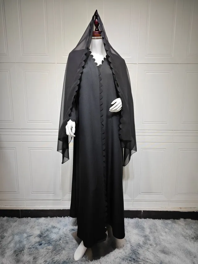 Fashion Dubai Turkey Elegant Cardigan With Scarf Two piece Set Black - Shop at LoveMi