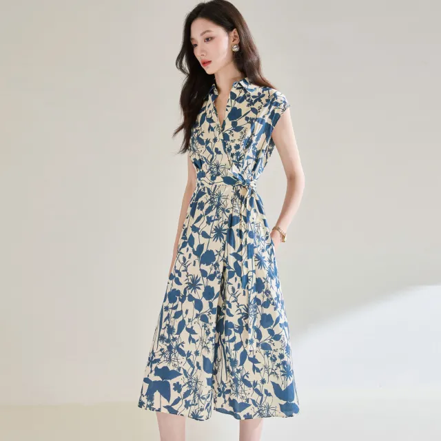 Cotton Blue And White Printed Shirt Collar Waist tight Dress Color - Shop at LoveMi