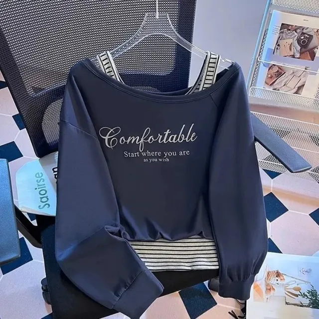 Large Size One shoulder Cold shoulder Striped Stitching False Two piece Sweaters Women's Autumn New Dark Blue - Shop at LoveMi