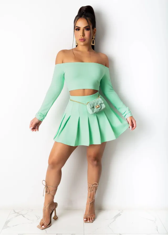 Sexy Fashion Chest Wrap Midriff Outfit Draped Dress Two piece Set Cyan - Shop at LoveMi