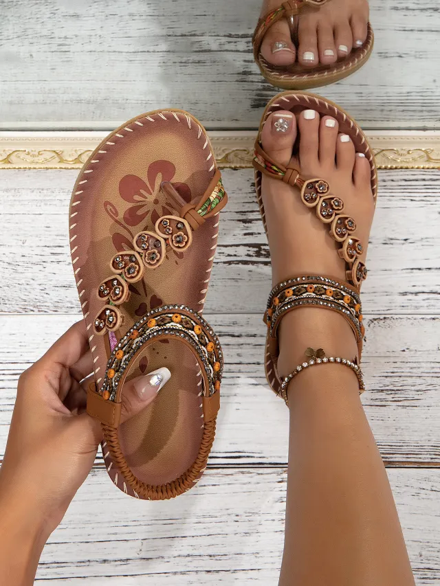 Bohemian Thong Sandals Summer Fashion Flowers Flat Beach Shoes For Women Caramel Color 41 - Shop at LoveMi