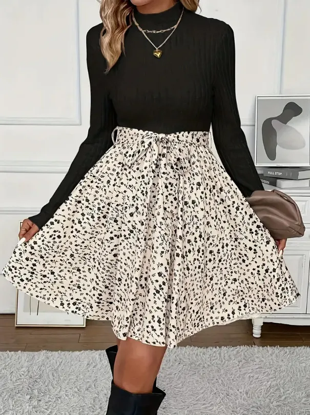 Women's Multicolor Printing Dress Round Neck Long Sleeve Floral Black - Shop at LoveMi