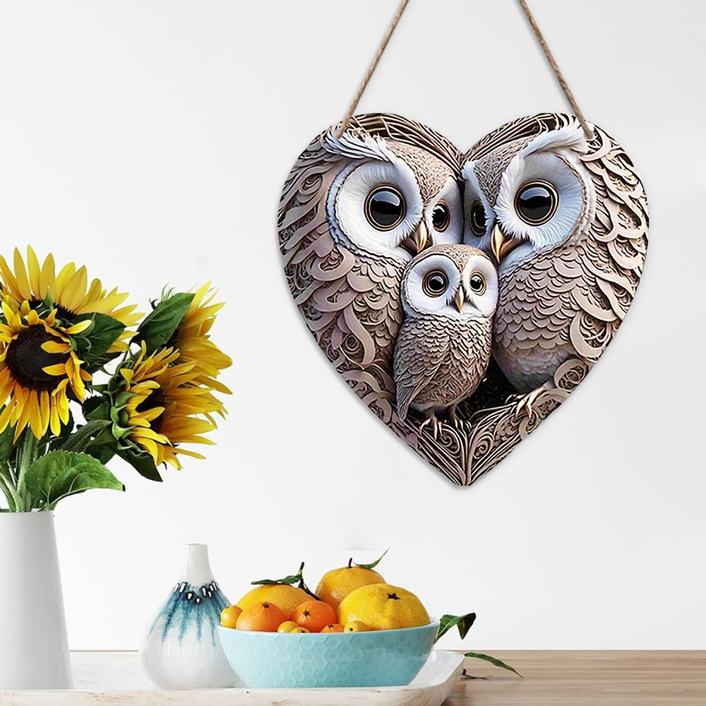 Retro Style Wooden Doorplate With Three Heart Shaped Owls As A Hanging Decoration
