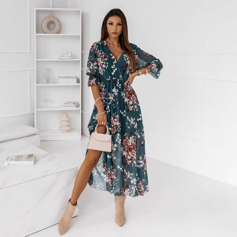 Fashionable Short-Sleeve V-Neck Chiffon Printed Dress