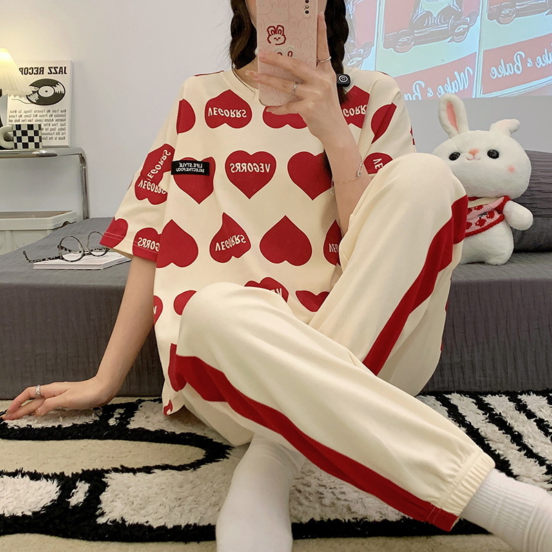 Summer Pajamas Women's Short sleeved Trousers Round Neck Cotton Homewear Cartoon Suit Yne1023 Style - Shop at LoveMi