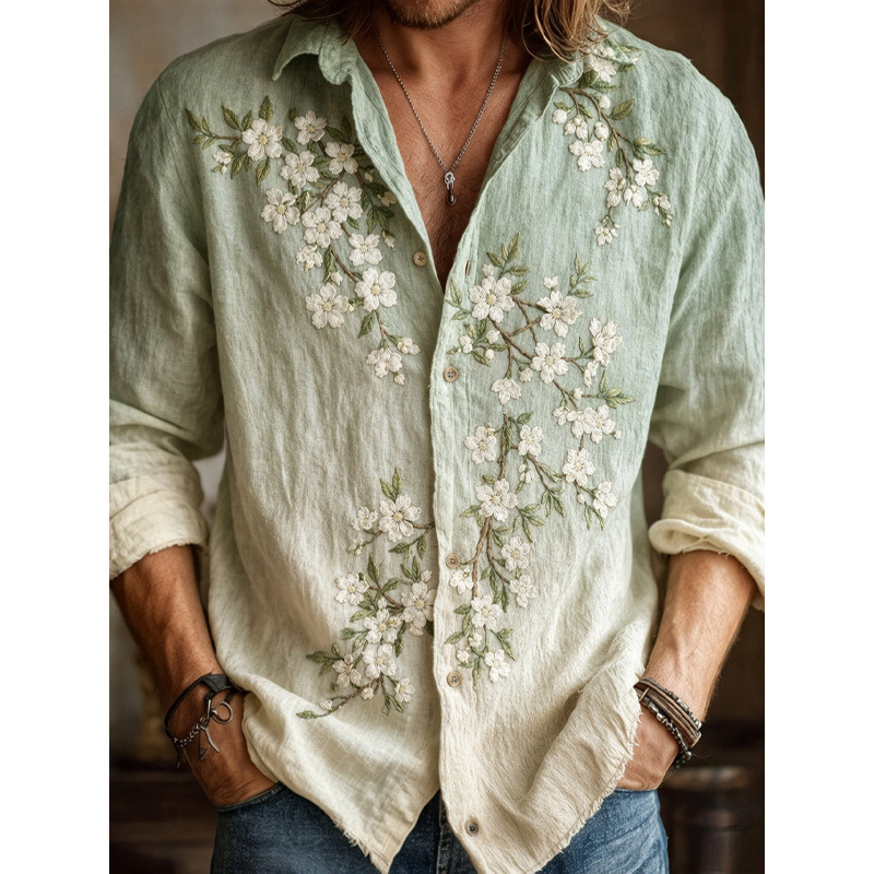 Men's Digital-Print Retro Floral Casual Shirt