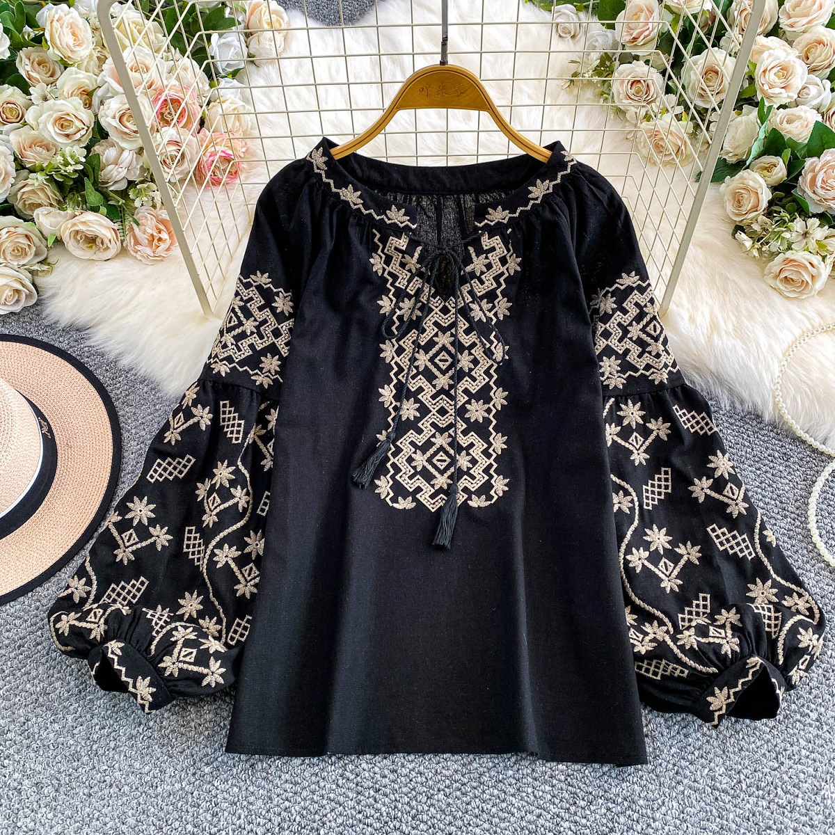 Retro Embroidered Puff Sleeve Shirt For Women 2