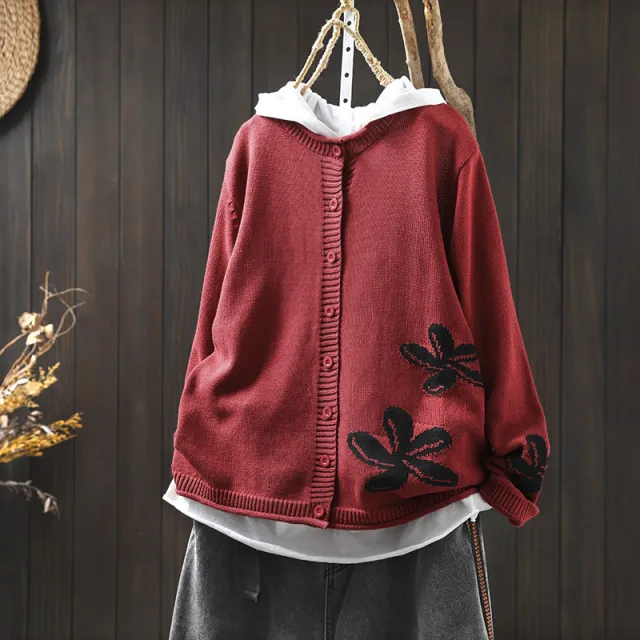 Women's Loose Retro Flower Contrasting Cotton Knit Cardigan Red - Shop at LoveMi
