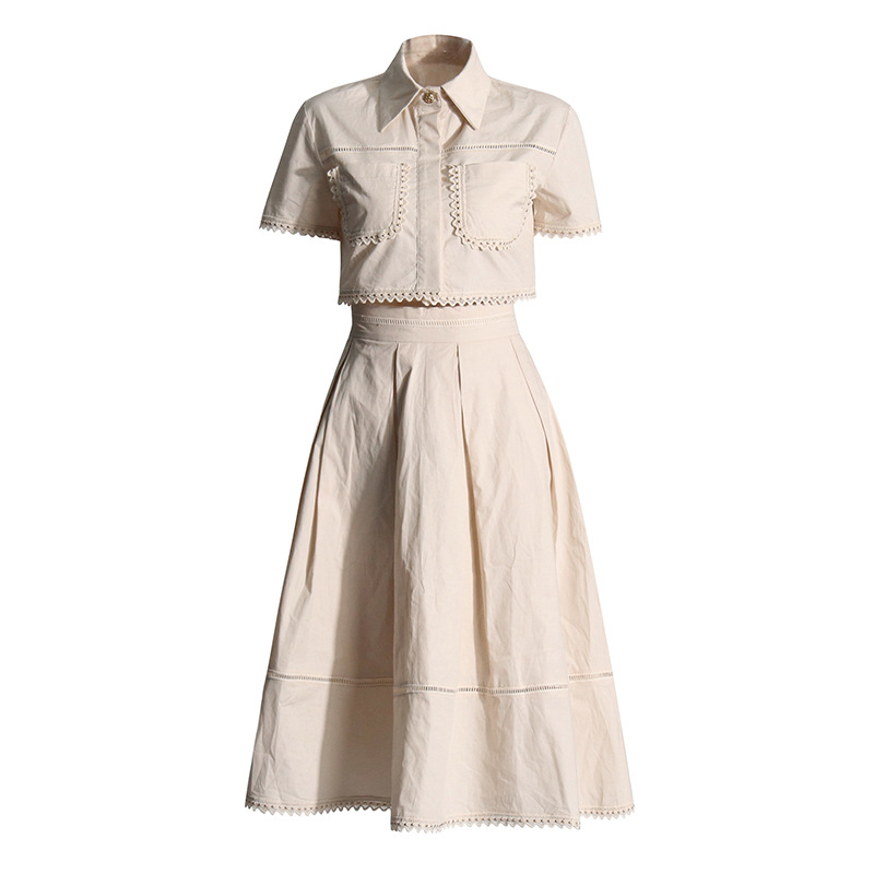 Vintage Lace Embroidery Suit Autumn New Polo Collar Short Sleeve Shirt High Waist Skirt Solid Color Apricot - Shop at LoveMi