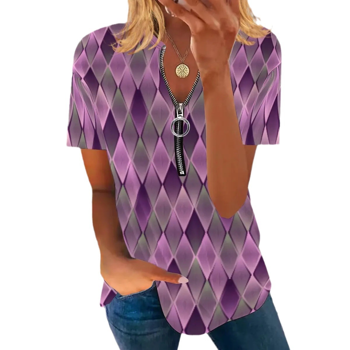 Diamond-check Print Zip-up Shirt With A Crew Neck And Short Sleeves