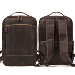 Double Zipper Main Bag Genuine Leather Large Capacity Crazy Horse Leather Outdoor Travel Leisure Backpack - Brown - View 1