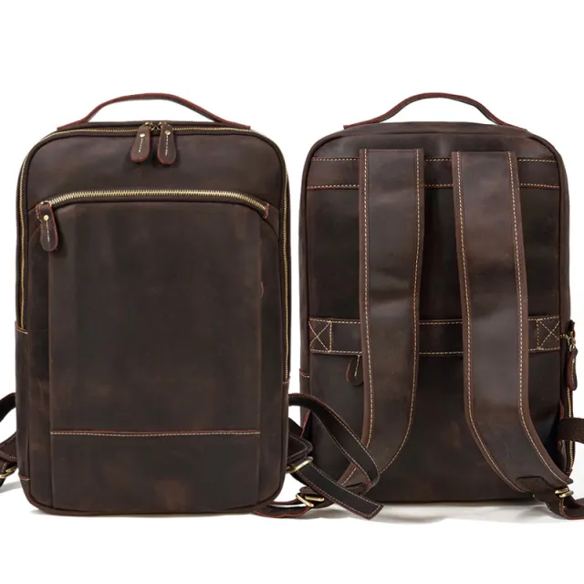 Double Zipper Main Bag Genuine Leather Large Capacity Crazy Horse Leather Outdoor Travel Leisure Backpack Brown - Shop at LoveMi