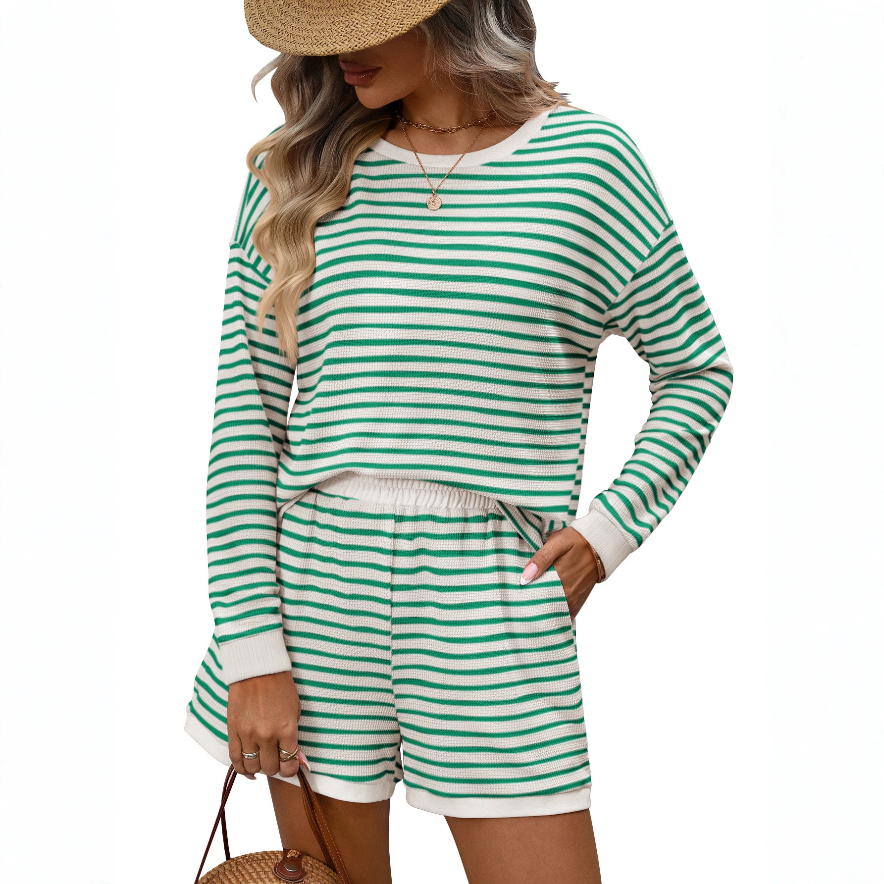 Womens Crew-neck Spliced Long-sleeve Shorts Two-piece Set 4