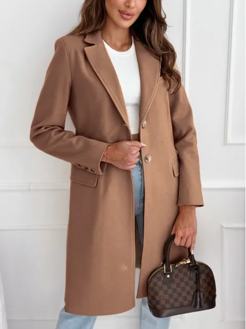 Simplicity Mid length Button Woolen Coat Outerwear Brown - Shop at LoveMi