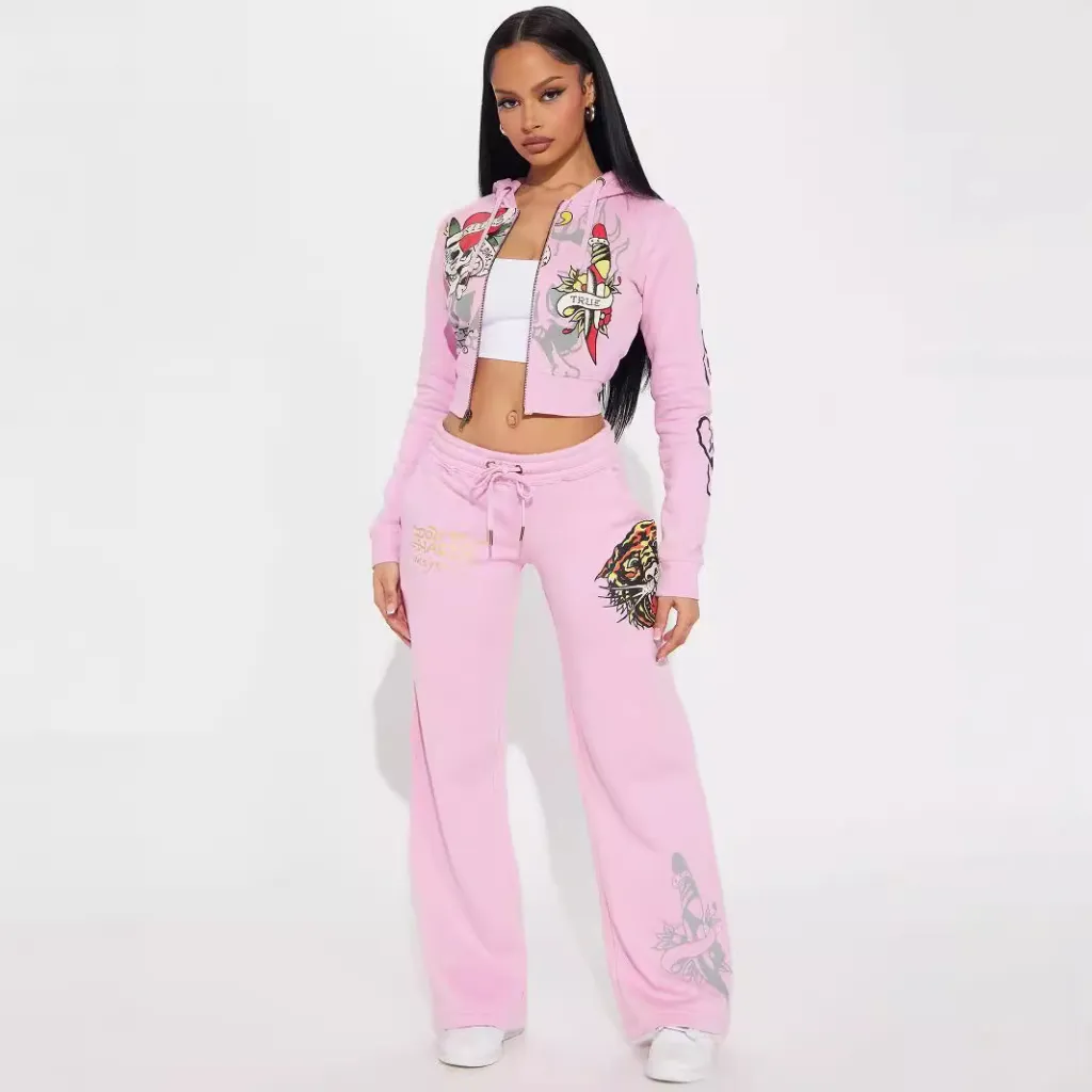 Elegant Positioning Printed Long-sleeved Trousers Women's Suit - Pink