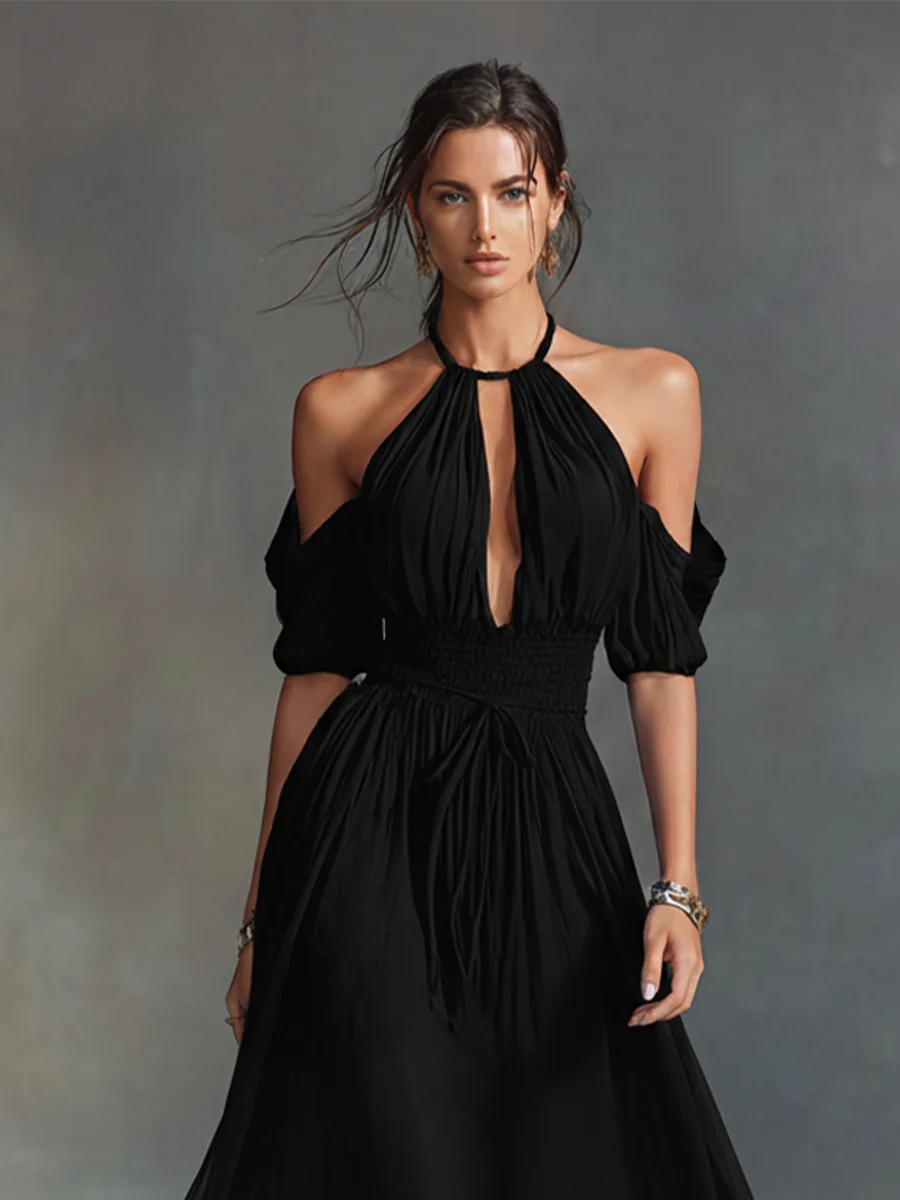 Solid-Color Halter Neck Midi Dress – lifestyle shot showing flowing midi silhouette