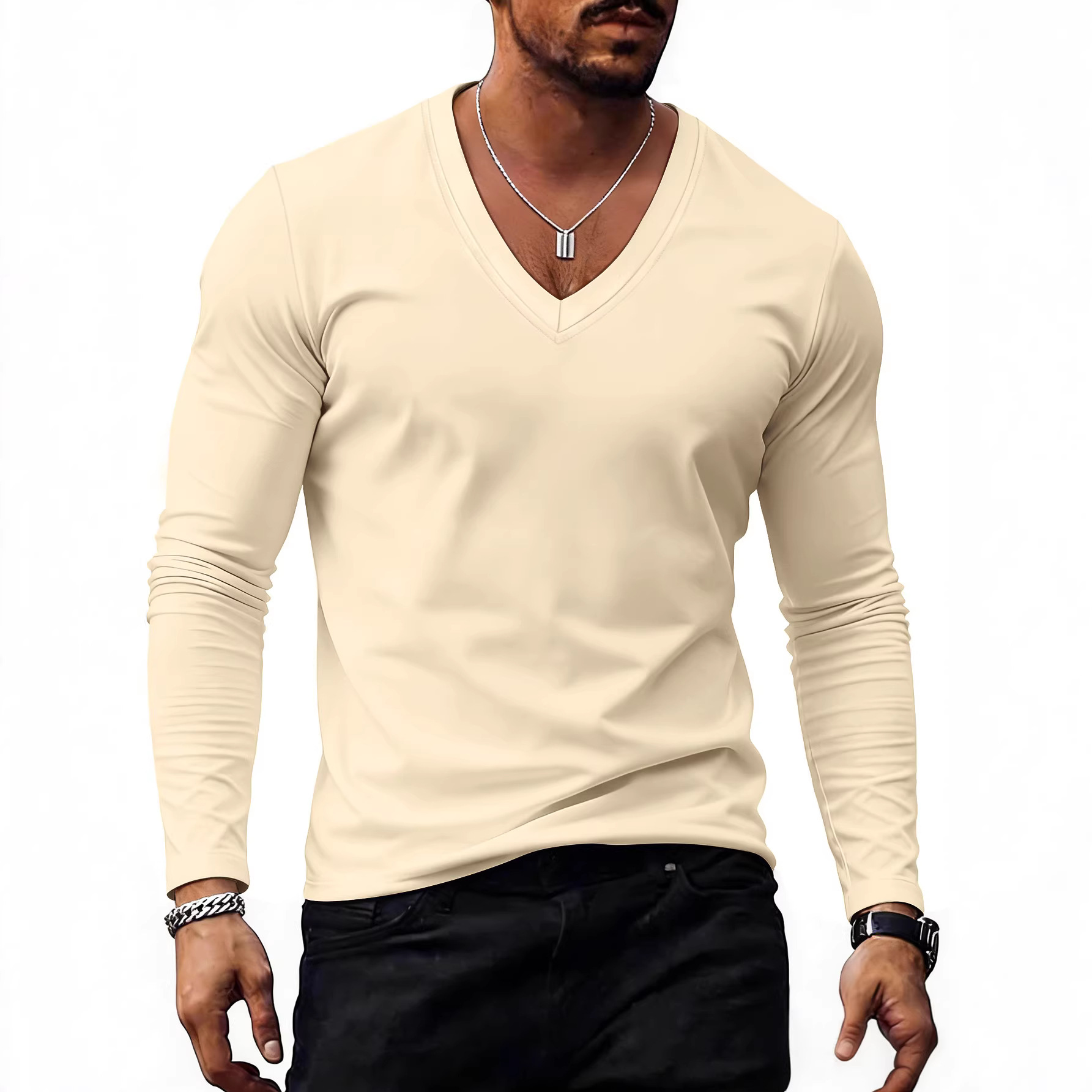 Mens Solid-Color Plus-Size Casual V-Neck T-Shirt