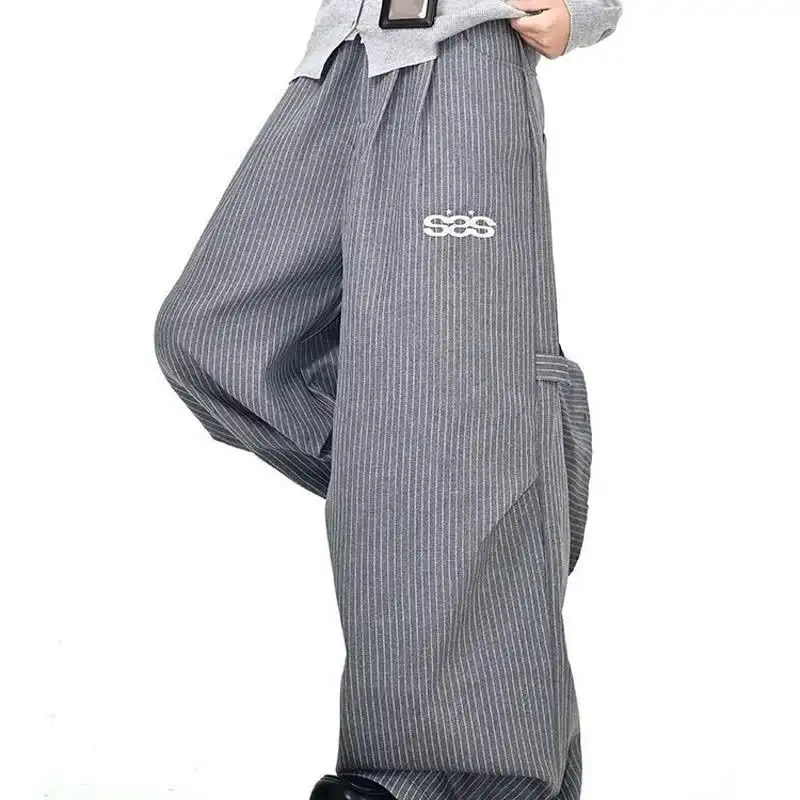 American-style Relaxed-fit Wide-leg Striped Workwear Casual Pants