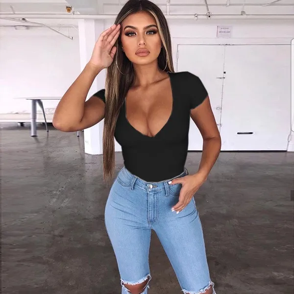 Fashion Casual Slim V neck Solid Color T shirt Black - Shop at LoveMi
