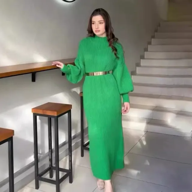 Half Turtleneck Pullover Knitting Long Skirt Green - Shop at LoveMi