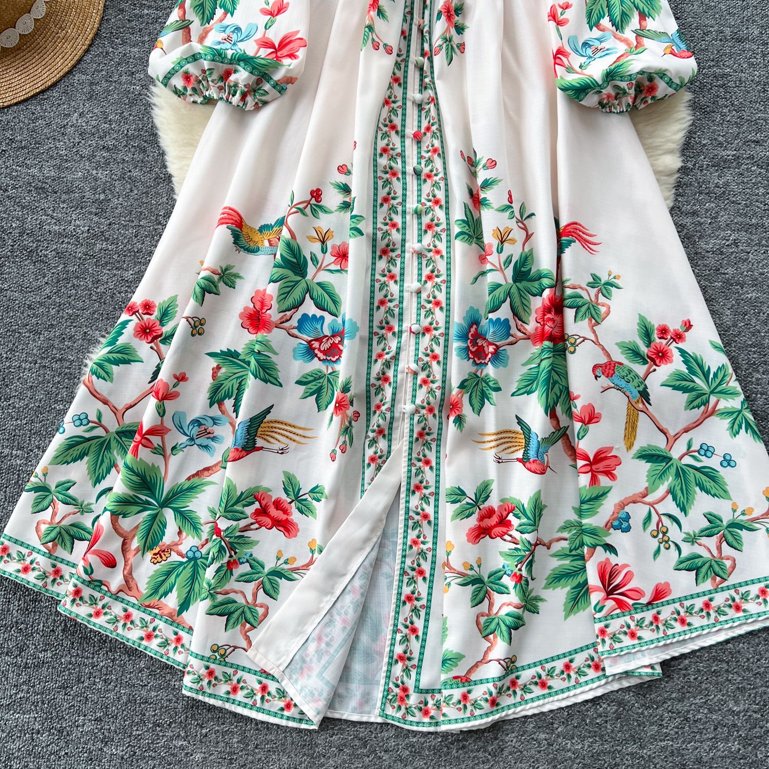 Women's High-end Temperament V-neck Single Breasted Waist Trimming Printing Dress